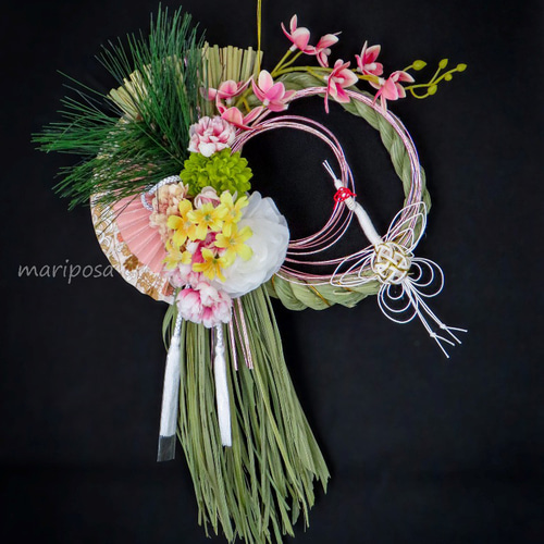 しめ縄 2026 〜花飾りしめ縄～花鶴舞～桃鶴水引と和花の優美な花