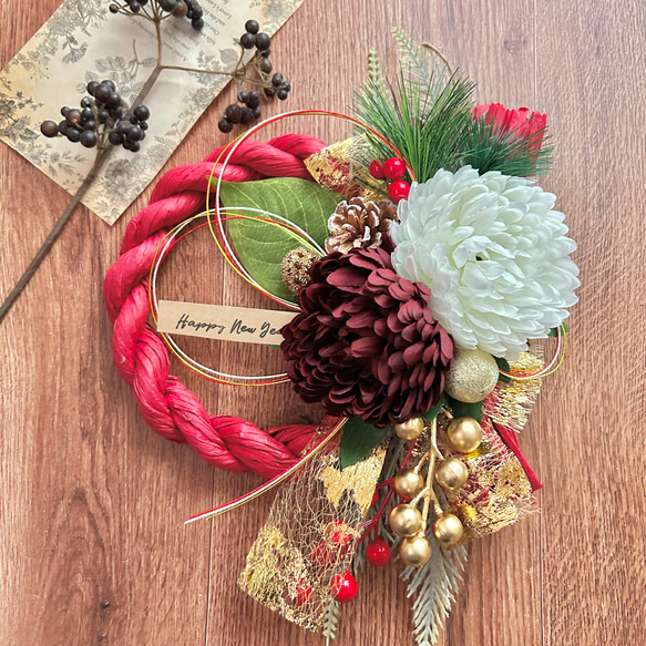 No.317 紅白菊のしめ縄リース2025 ハンドメイドお正月飾り玄関