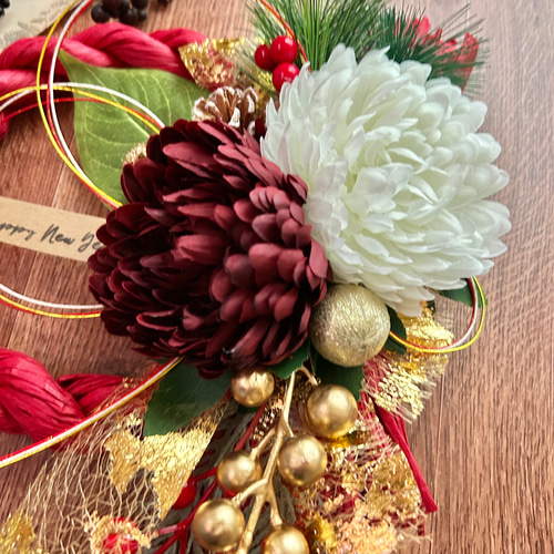 No.317 紅白菊のしめ縄リース2025 ハンドメイドお正月飾り玄関リース
