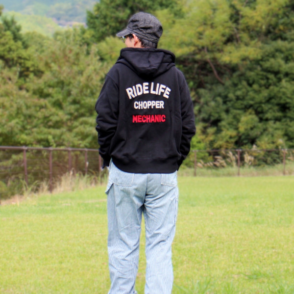 刺繍 ジップパーカー "RIDE LIFE" ヘビーウェイトコットン 綿 W-24051 ブラック