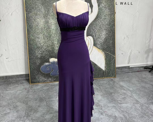 ドレス マーメイド フリル アシンメトリー 紫 パーティー 結婚式 アシンメトリーフリルマーメイドラインパーティードレス 結婚式