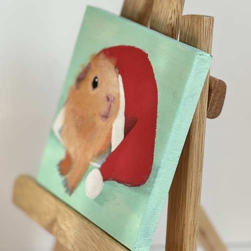 原画「サンタ帽」 ミニキャンバス 絵画 アクリル絵具 モルモット 