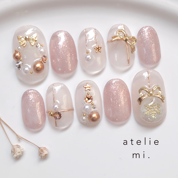 うるうるくすみピンクのクリスマスネイル*ネイルチップ 冬 ツリー