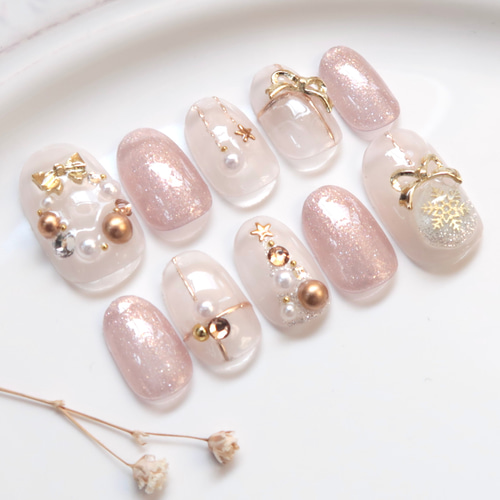 うるうるくすみピンクのクリスマスネイル*ネイルチップ 冬 ツリー