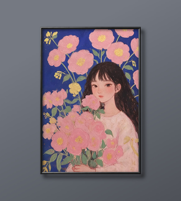 絵画 。壁掛け絵原画手描き【部屋の中で花瓶を片付ける少女とバレエを踊る黒猫】 絵画 。壁掛け絵原画手描き【部屋の中で花瓶を片付ける少女と