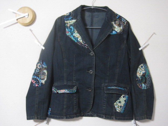 1点　デニムジャケット　刺子パッチ　サイケ風【＊Re.ring作品】　　中古／リメイク／パッチ／デニム／デニム