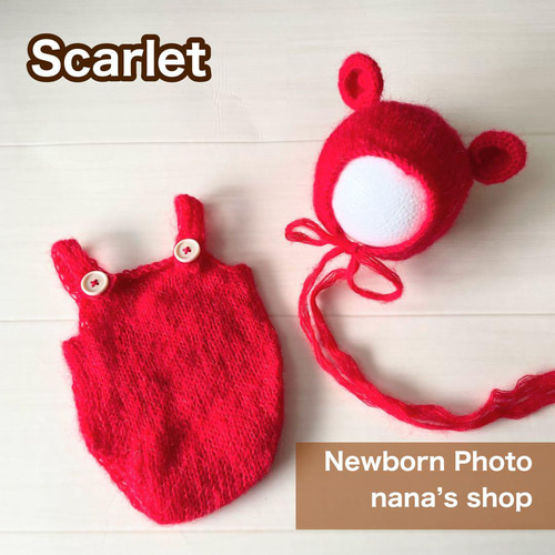 ブラウン♪くま耳帽子とクマオーバーオール ニューボーンフォト撮影衣装 ボンネット 真紅♪くま耳帽子とクマオーバーオール ニューボーンフォト撮影衣装