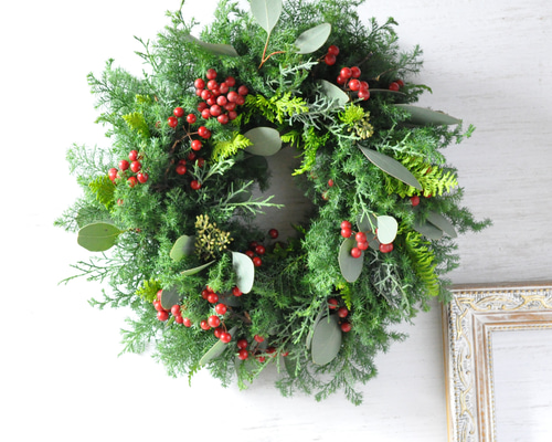 早割クリスマス2025✽フレッシュな針葉樹✽赤い実のクリスマスリース