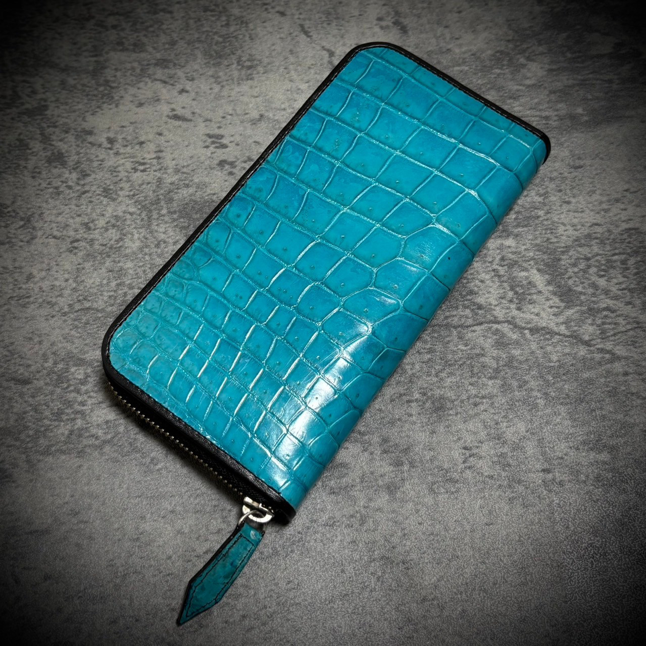 クロコダイル × パイソン 長財布 シャイニング加工 一枚革 カード１５枚収納 ターコイズブルー メンズ 鰐 ワニ