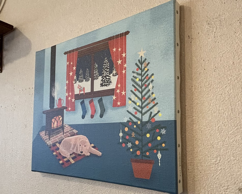アートキャンバス F6サイズ クリスマス、薪ストーブのある部屋