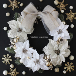 ・☆クリスマスリース ポインセチア＜ホワイト＆プラチナ＞４０センチ 4枚目の画像