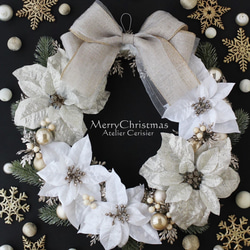 ・☆クリスマスリース ポインセチア＜ホワイト＆プラチナ＞４０センチ 1枚目の画像