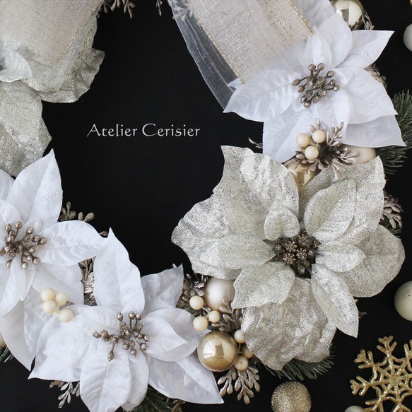 ・☆クリスマスリース ポインセチア＜ホワイト＆プラチナ＞４０センチ 3枚目の画像