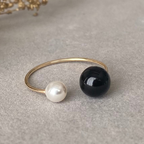 オニキス×パールのフォークリング 14kgf オープンリング K14 華奢