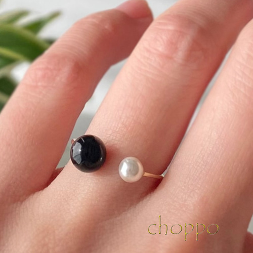 オニキス×パールのフォークリング 14kgf オープンリング K14 華奢