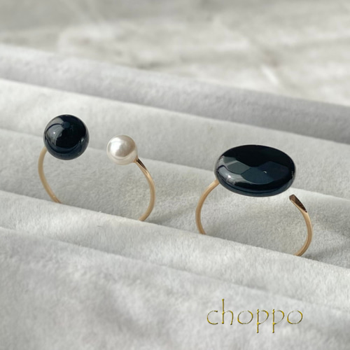 オニキス×パールのフォークリング 14kgf オープンリング K14 華奢