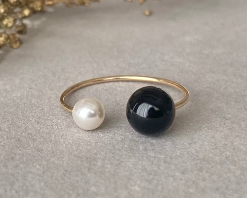 オニキス×パールのフォークリング 14kgf オープンリング K14 華奢