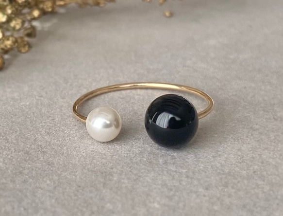 オニキス×パールのフォークリング 14kgf オープンリング K14 華奢