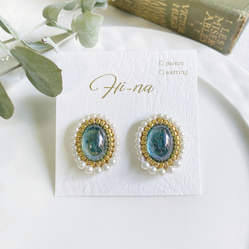 チェコ/ガラスカボション」【clearBlue】チェコガラスとビーズ刺繍