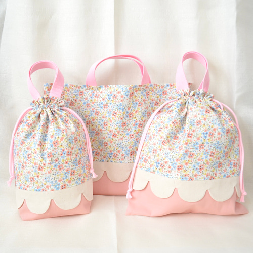ハンドメイド◇おしゃれ可愛い水彩風ピンク小花柄の入学入園3点