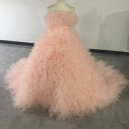 高品質！もこもこウエディングドレス 薄ピンクカラードレス 韓国風