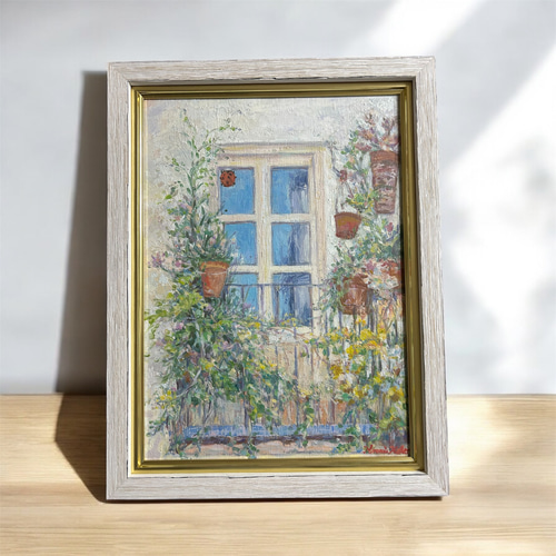 楽しい窓辺（油絵F4号、原画、額付き） 絵画 アトリエまりんこ 通販
