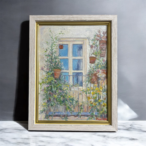 楽しい窓辺（油絵F4号、原画、額付き） 絵画 アトリエまりんこ 通販