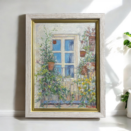 油絵（抽象画）モノクローム　Ｆ4 楽しい窓辺（油絵F4号、原画、額付き） 絵画 アトリエまりんこ 通販