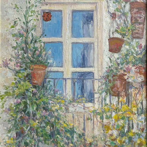 楽しい窓辺（油絵F4号、原画、額付き） 絵画 アトリエまりんこ 通販