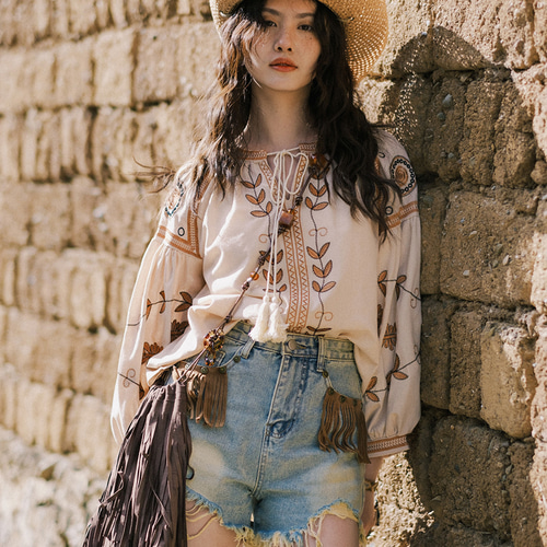 春、民族風、上着、重工刺繍、長袖シャツ、綿麻、レディース