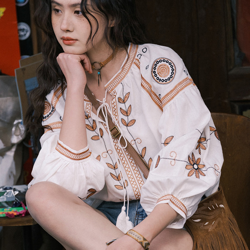春、民族風、上着、重工刺繍、長袖シャツ、綿麻、レディース