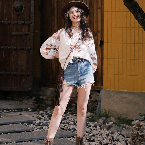 春、民族風、上着、重工刺繍、長袖シャツ、綿麻、レディース