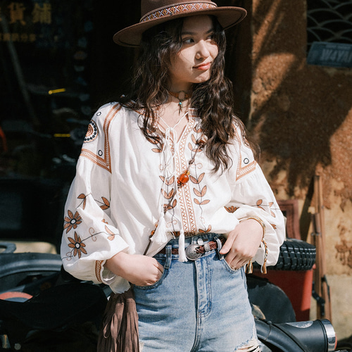 春、民族風、上着、重工刺繍、長袖シャツ、綿麻、レディース