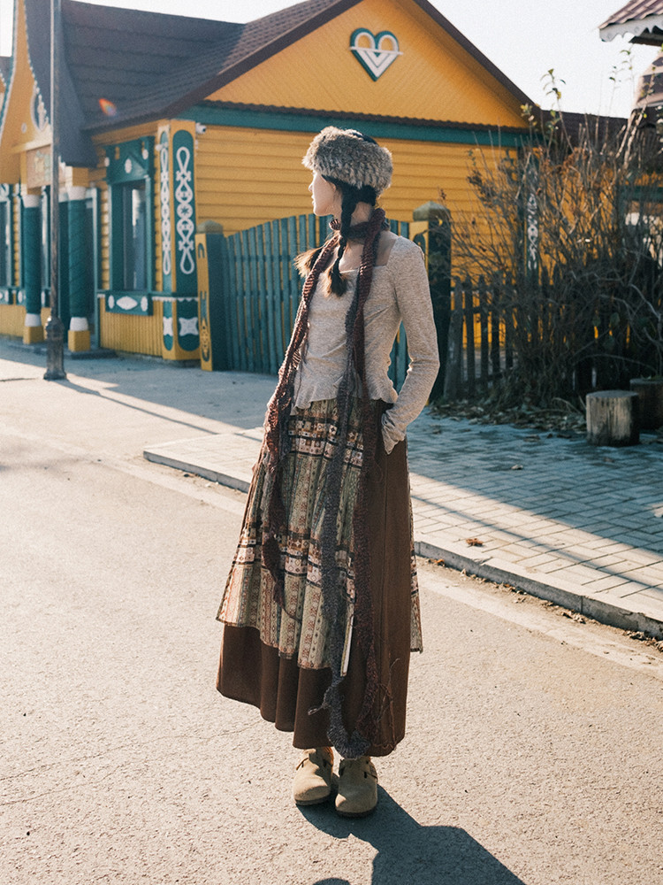 ダブルパッチワークプリント、中長スカート、ハイウエスト、A字スカート、レディース