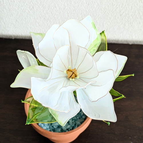 アメリカンフラワー・ディップアート◇鉢植えクチナシの花 アート