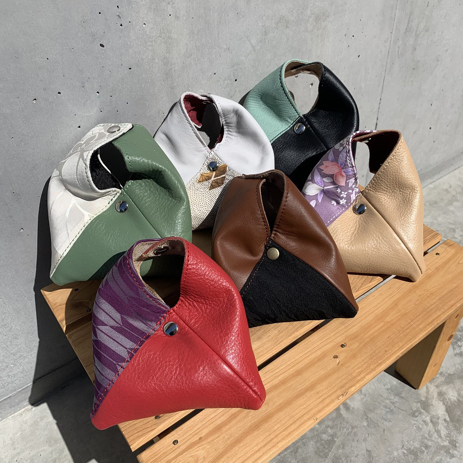 牛革×着物柄　あずま袋　小