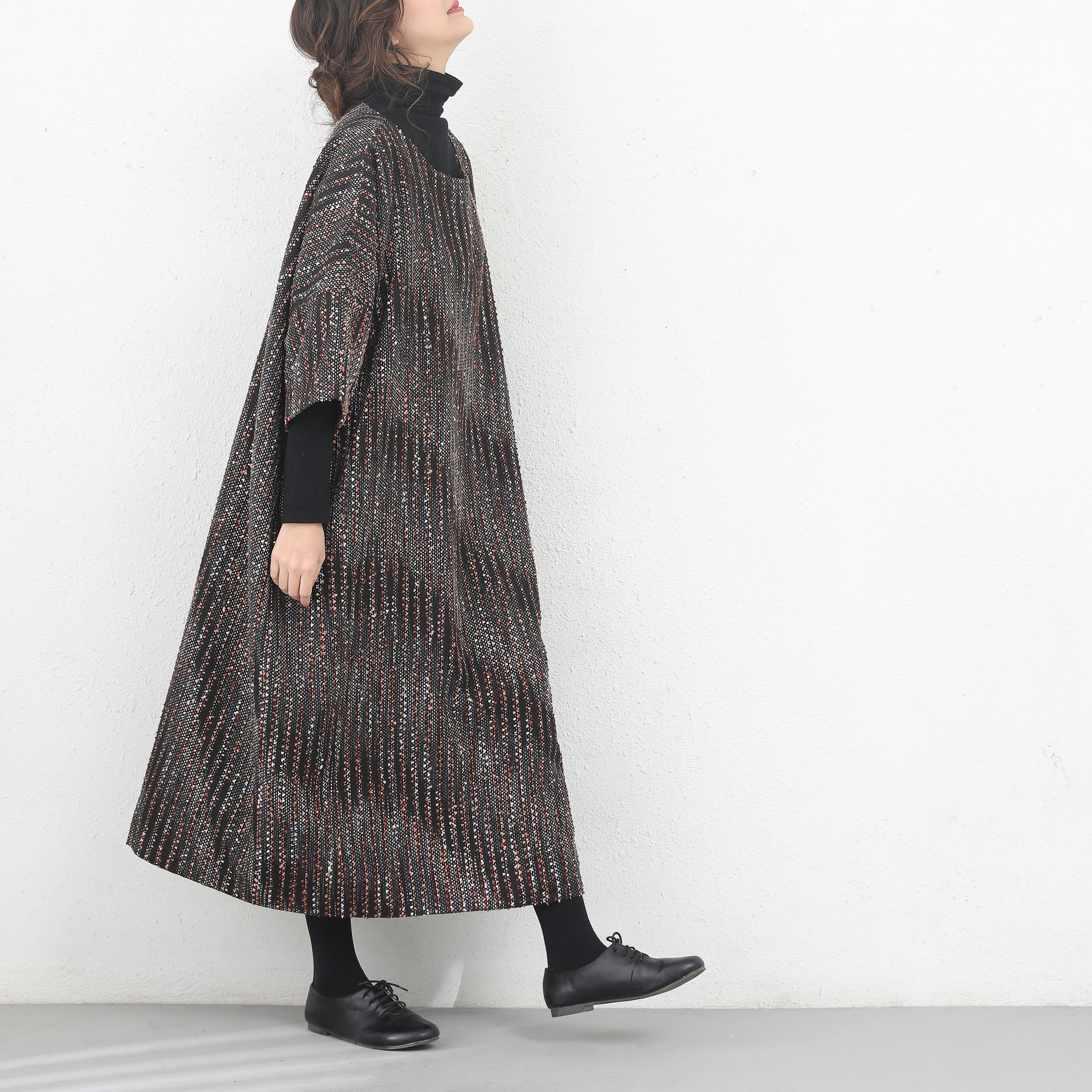 裾上げ無料♪サイズオーダー可♪ツイード生地　総裏地付き　ゆったり　ロング　ワンピース