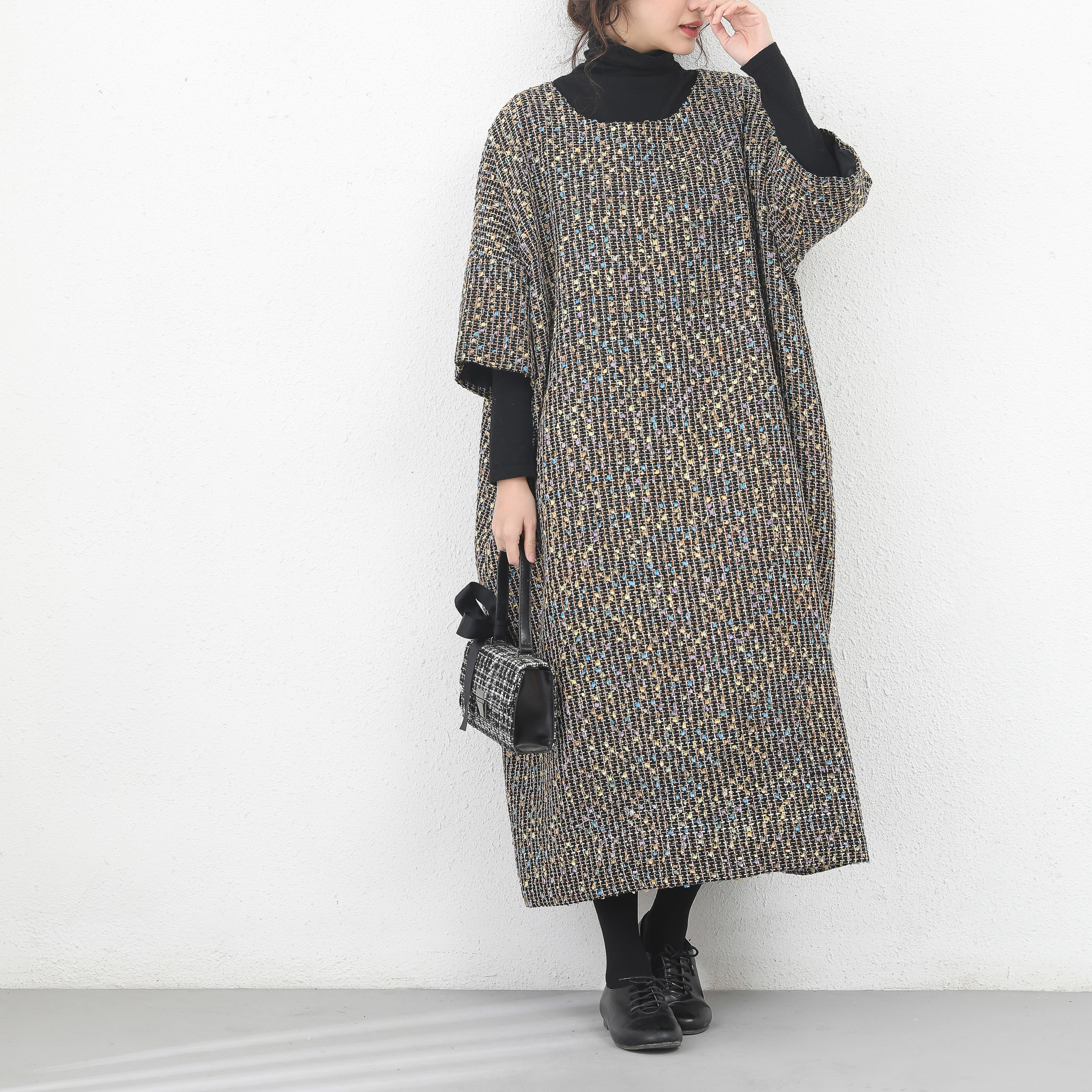 裾上げ無料♪サイズオーダー可♪ツイード生地　総裏地付き　ゆったり　ロング　ワンピース