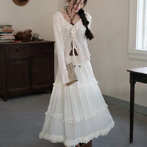 秋 杏色 半身スカート タッセル 中丈、レディース ロングスカート