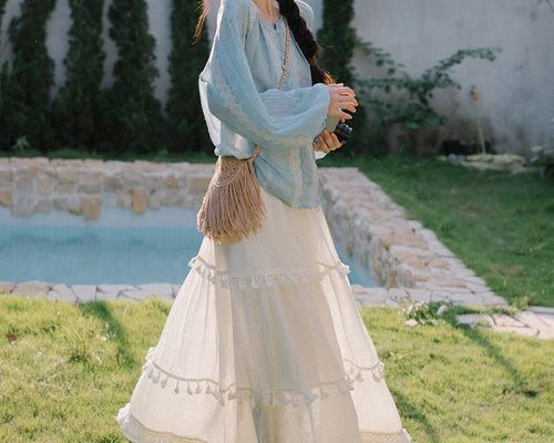 秋 杏色 半身スカート タッセル 中丈、レディース ロングスカート