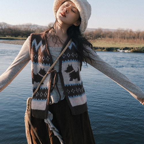 秋冬、ジャカードVネックニットベスト、カーディガン、オーバーラップ