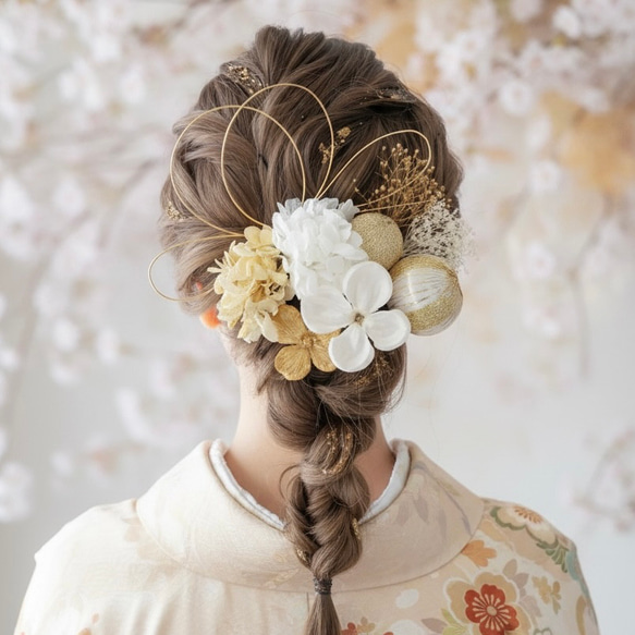 A204 白ゴールド 髪飾り 成人式 卒業式 前撮り 結婚式 水引 ヘッド