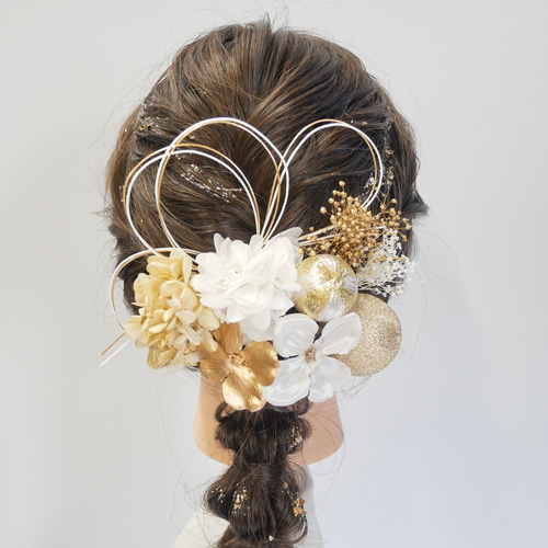 A204 白ゴールド 髪飾り 成人式 卒業式 前撮り 結婚式 水引 ヘッド