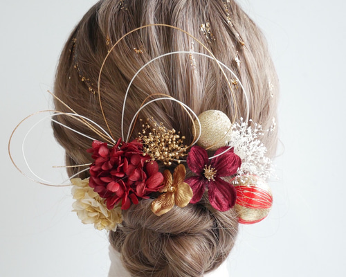 A206 白赤 髪飾り 成人式 卒業式 前撮り 結婚式 水引 ヘッドドレス