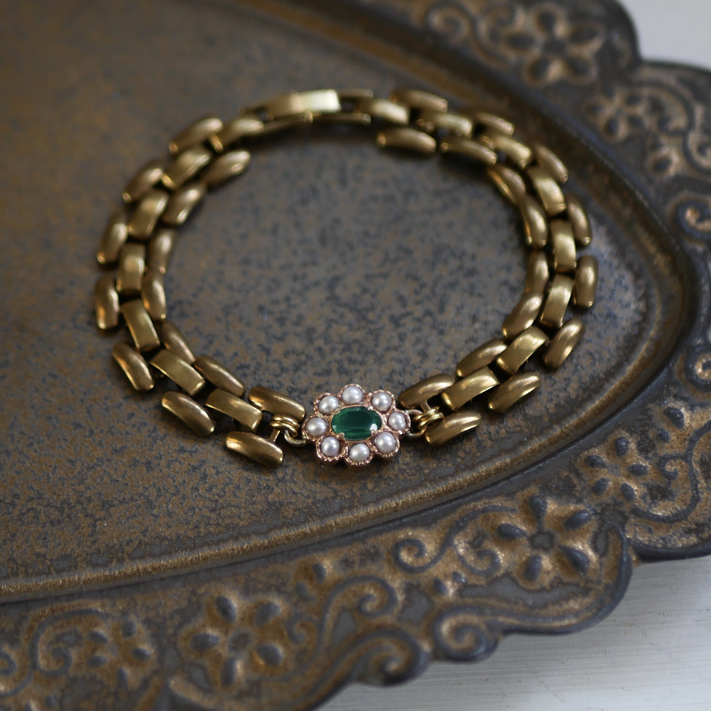 ブレスレット【Charlotte/グリーンオニキス】真鍮　ヴィンテージチェーン