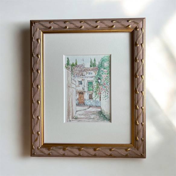 ローマの風景(水彩画)額付き 絵画 イタリアの風景画(街並み) ローマ 自転車のある風景