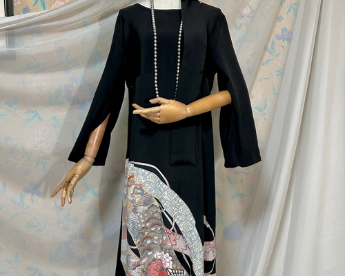 ツーウェイのお袖 MLサイズ 友禅染め 黒留袖ドレス＆リボンベルト 長袖