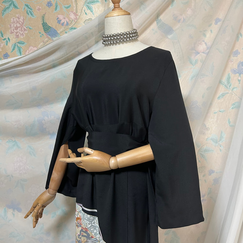 ツーウェイのお袖 MLサイズ 友禅染め 黒留袖ドレス＆リボンベルト 長袖