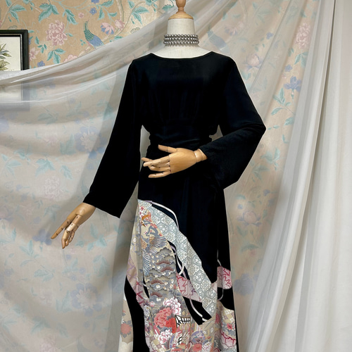 ツーウェイのお袖 MLサイズ 友禅染め 黒留袖ドレス＆リボンベルト 長袖