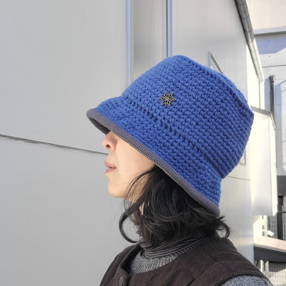 ニット バケットハット ブルー 手編み ウールテープ Mサイズ 